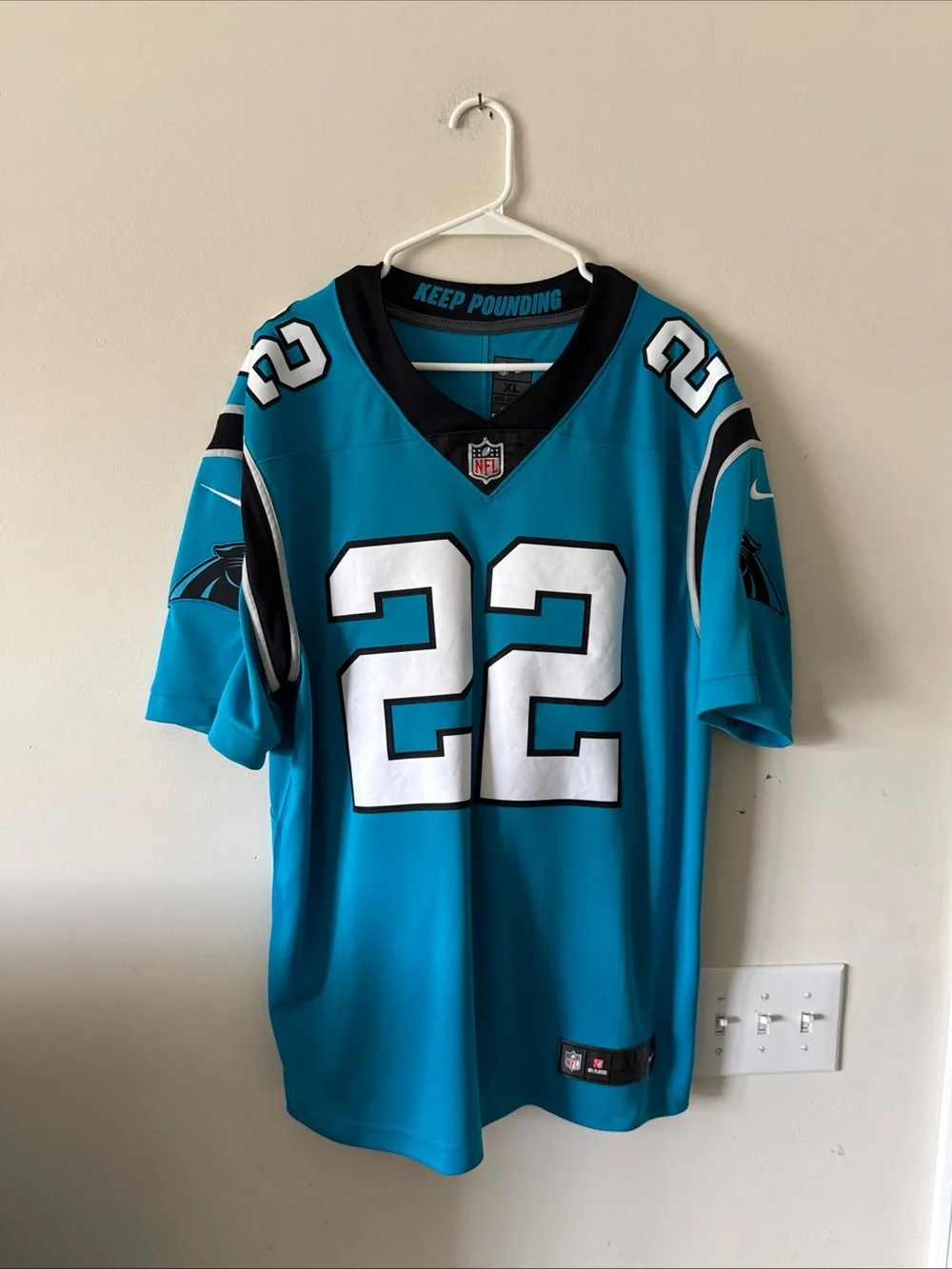 Carolina Panthers #22 Teal NFL Jersey with Keep Pounding Collar